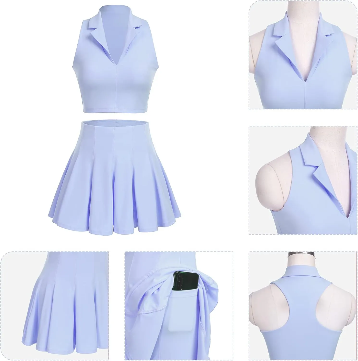 2 Piece Tennis Dress for Women Pleated Tennis Skirt Sleeveless Racerback Padded Crop Top Golf Workout Outfits