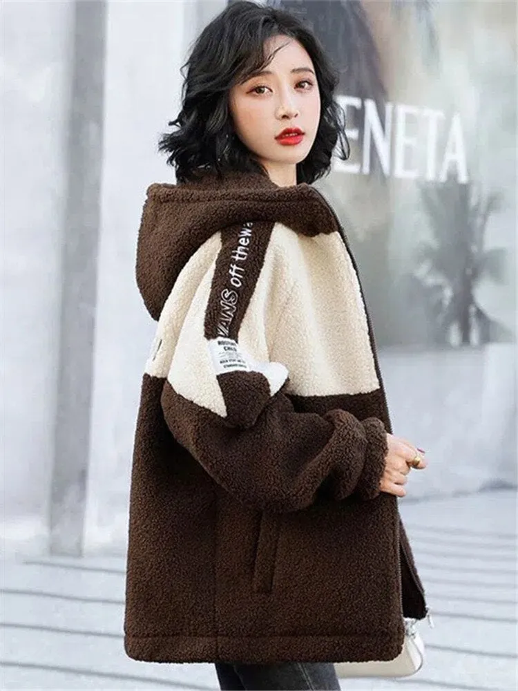 2022 New Jacket Women Autumn Winter Patchwork Letter Embroidery Fashion Outerwea Loose Casual Thicken Warm Female Hooded Coats