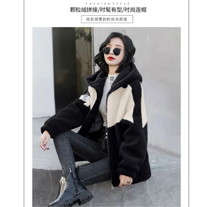 2022 New Jacket Women Autumn Winter Patchwork Letter Embroidery Fashion Outerwea Loose Casual Thicken Warm Female Hooded Coats