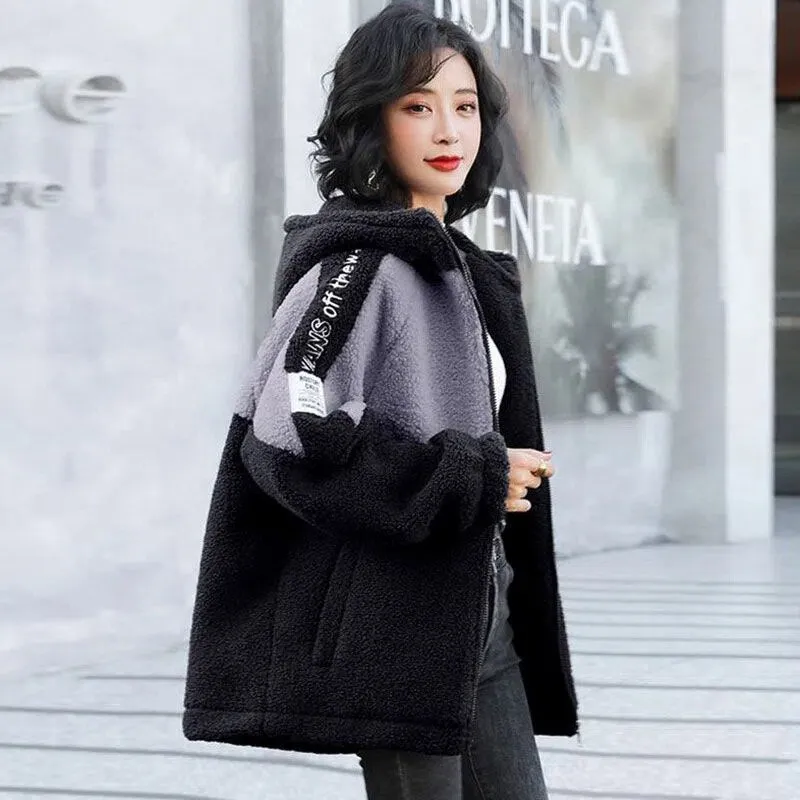 2022 New Jacket Women Autumn Winter Patchwork Letter Embroidery Fashion Outerwea Loose Casual Thicken Warm Female Hooded Coats