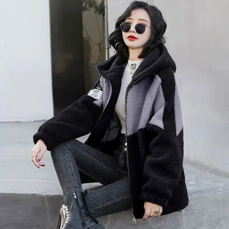 2022 New Jacket Women Autumn Winter Patchwork Letter Embroidery Fashion Outerwea Loose Casual Thicken Warm Female Hooded Coats