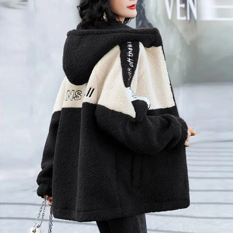 2022 New Jacket Women Autumn Winter Patchwork Letter Embroidery Fashion Outerwea Loose Casual Thicken Warm Female Hooded Coats