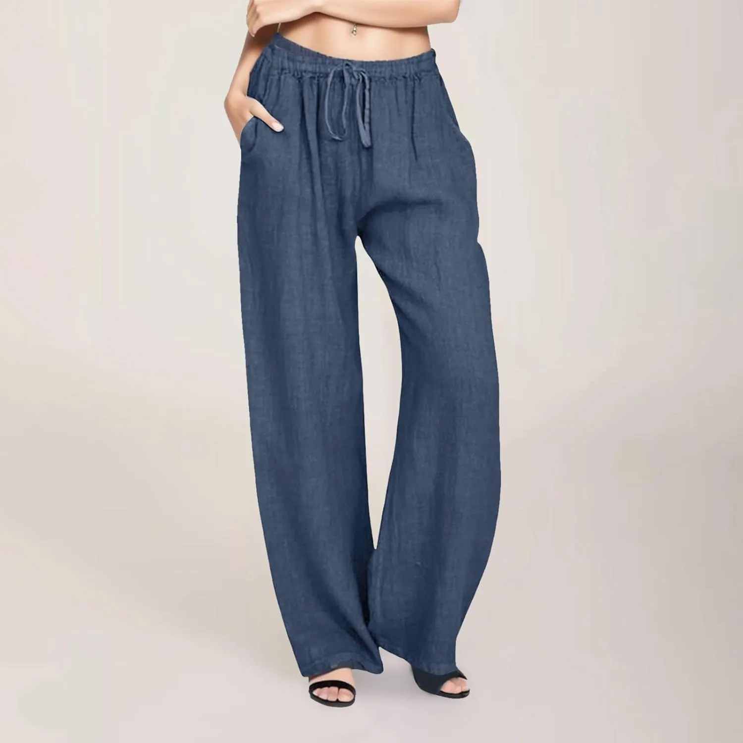 2025 Summer Linen Pants Women High Waisted Lightweight Casual Pants Solid Loose Straight Leg Trousers with Pockets