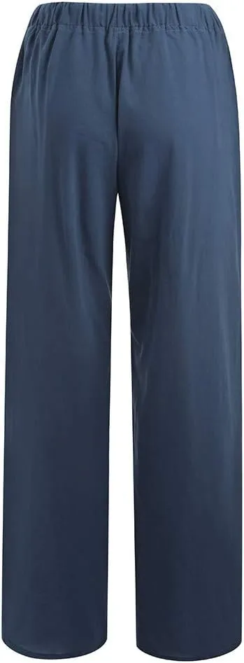 2025 Summer Linen Pants Women High Waisted Lightweight Casual Pants Solid Loose Straight Leg Trousers with Pockets