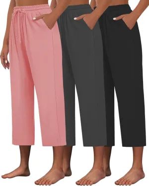 3 PACK Womens Capri Pants Loose Yoga Pants Wide Leg Drawstring Comfy Lounge Pajama Capris Loose Sweatpants with Pocket