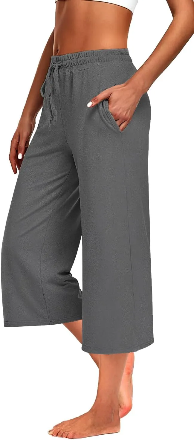 3 PACK Womens Capri Pants Loose Yoga Pants Wide Leg Drawstring Comfy Lounge Pajama Capris Loose Sweatpants with Pocket