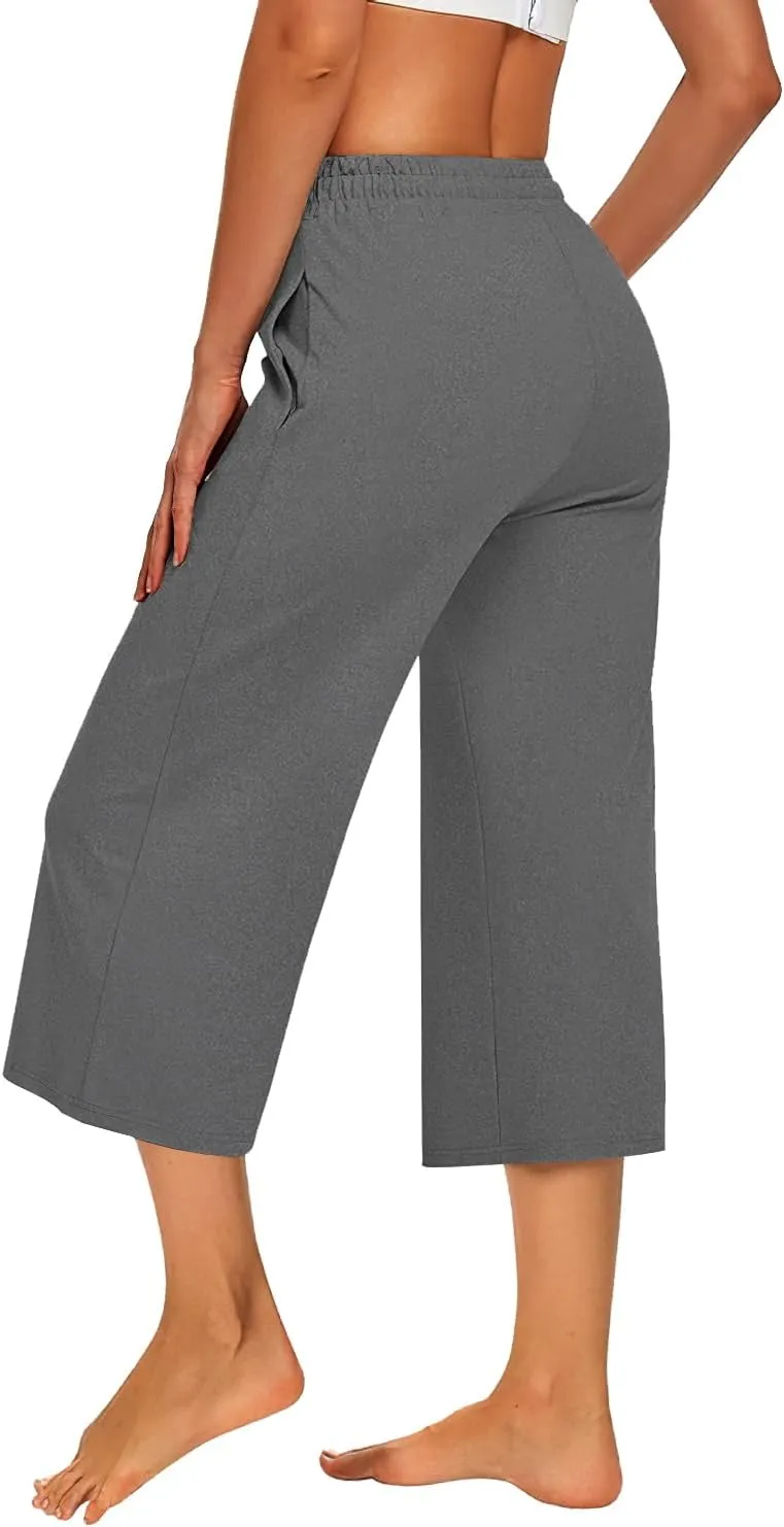 3 PACK Womens Capri Pants Loose Yoga Pants Wide Leg Drawstring Comfy Lounge Pajama Capris Loose Sweatpants with Pocket