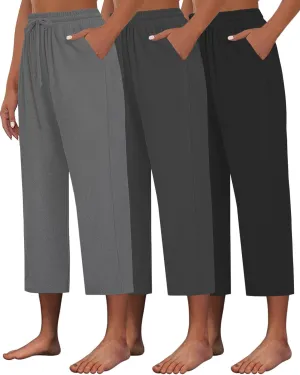 3 PACK Womens Capri Pants Loose Yoga Pants Wide Leg Drawstring Comfy Lounge Pajama Capris Loose Sweatpants with Pocket