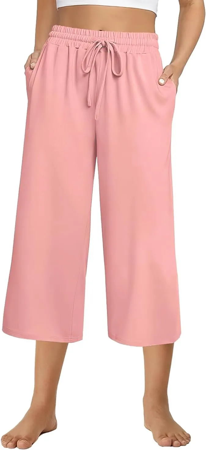 3 PACK Womens Capri Pants Loose Yoga Pants Wide Leg Drawstring Comfy Lounge Pajama Capris Loose Sweatpants with Pocket