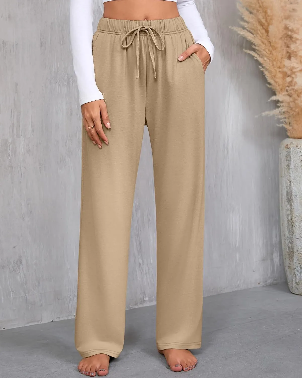 3 Pack Women's Lounge Pants with Pockets Casual Wide Leg Drawstring Yoga Pants Straight Trousers Spring Bottoms