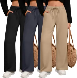 3 Pack Women's Lounge Pants with Pockets Casual Wide Leg Drawstring Yoga Pants Straight Trousers Spring Bottoms