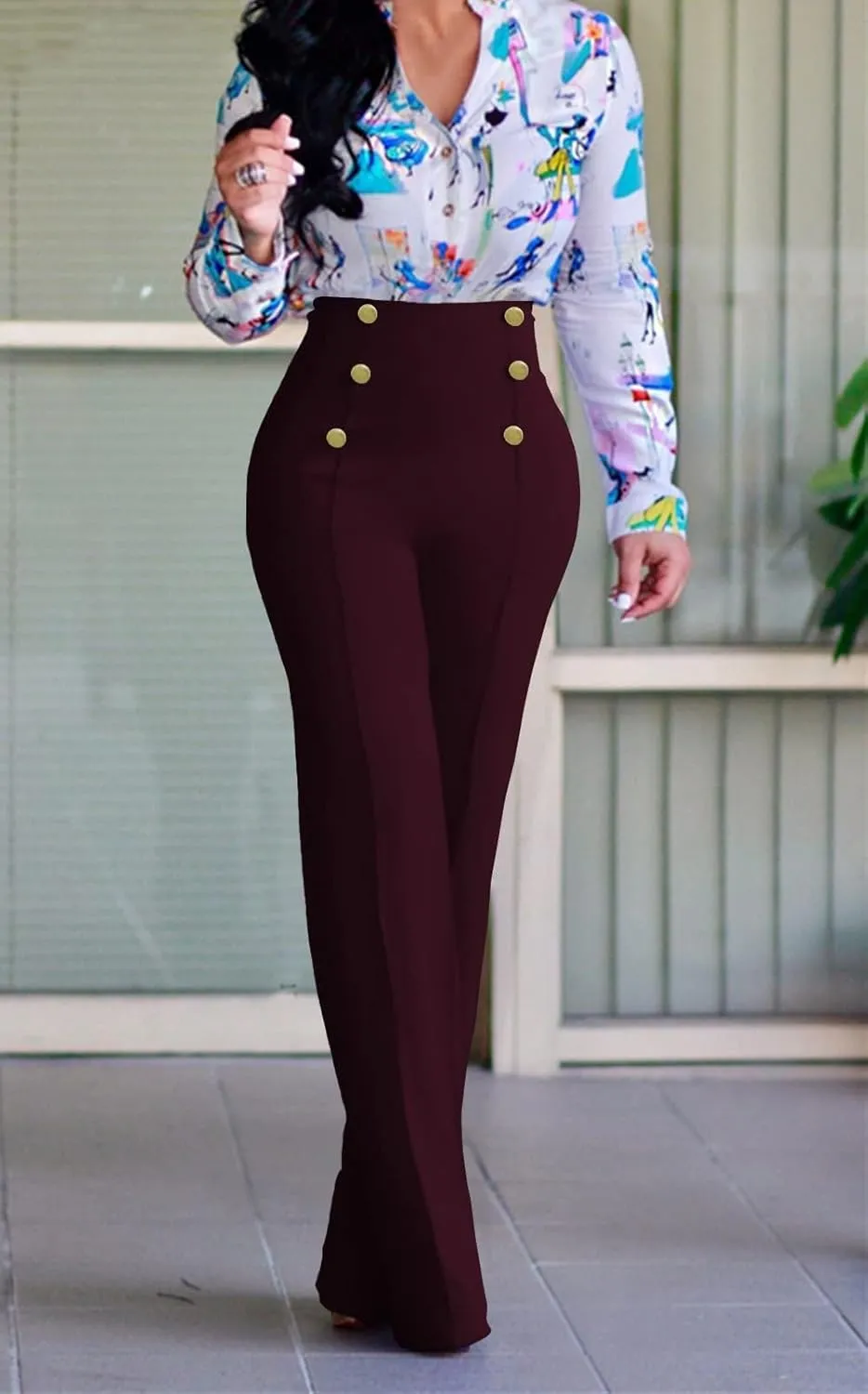 A ADILACA Women's 6-Button Trousers, Casual Work Office Basic Flare Dress Pants, High Waist Straight-Leg Long Pants