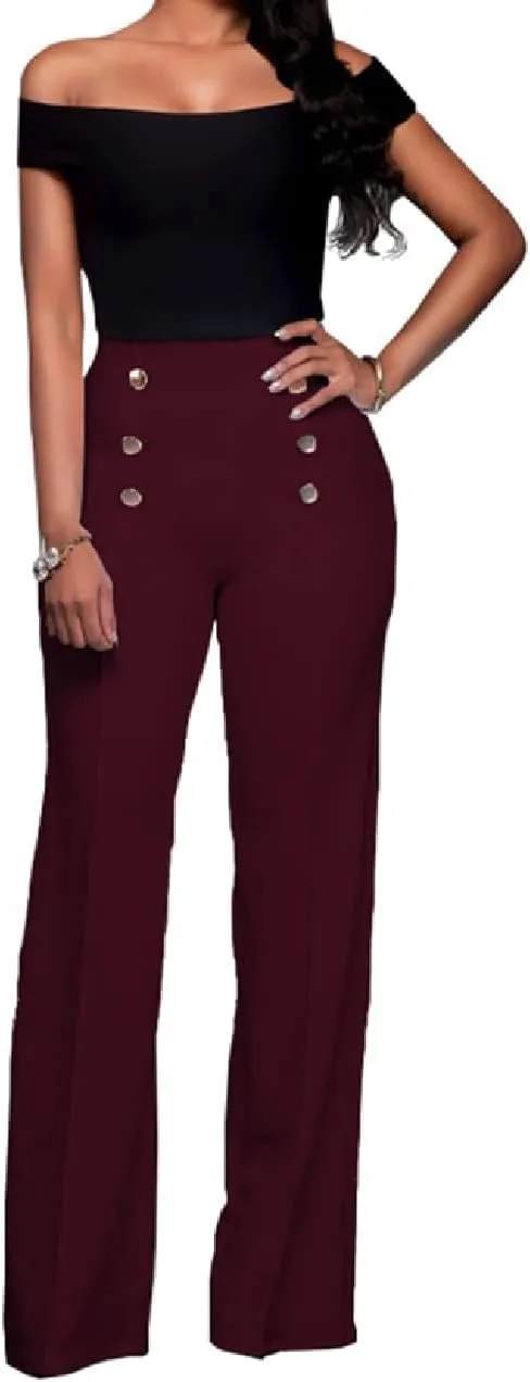A ADILACA Women's 6-Button Trousers, Casual Work Office Basic Flare Dress Pants, High Waist Straight-Leg Long Pants
