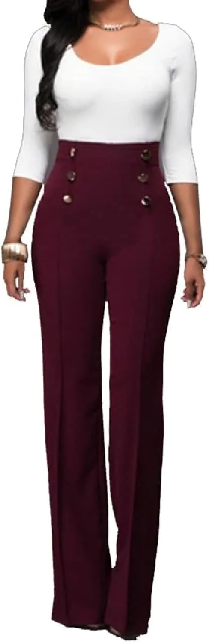 A ADILACA Women's 6-Button Trousers, Casual Work Office Basic Flare Dress Pants, High Waist Straight-Leg Long Pants