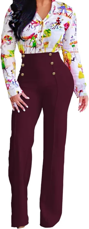 A ADILACA Women's 6-Button Trousers, Casual Work Office Basic Flare Dress Pants, High Waist Straight-Leg Long Pants