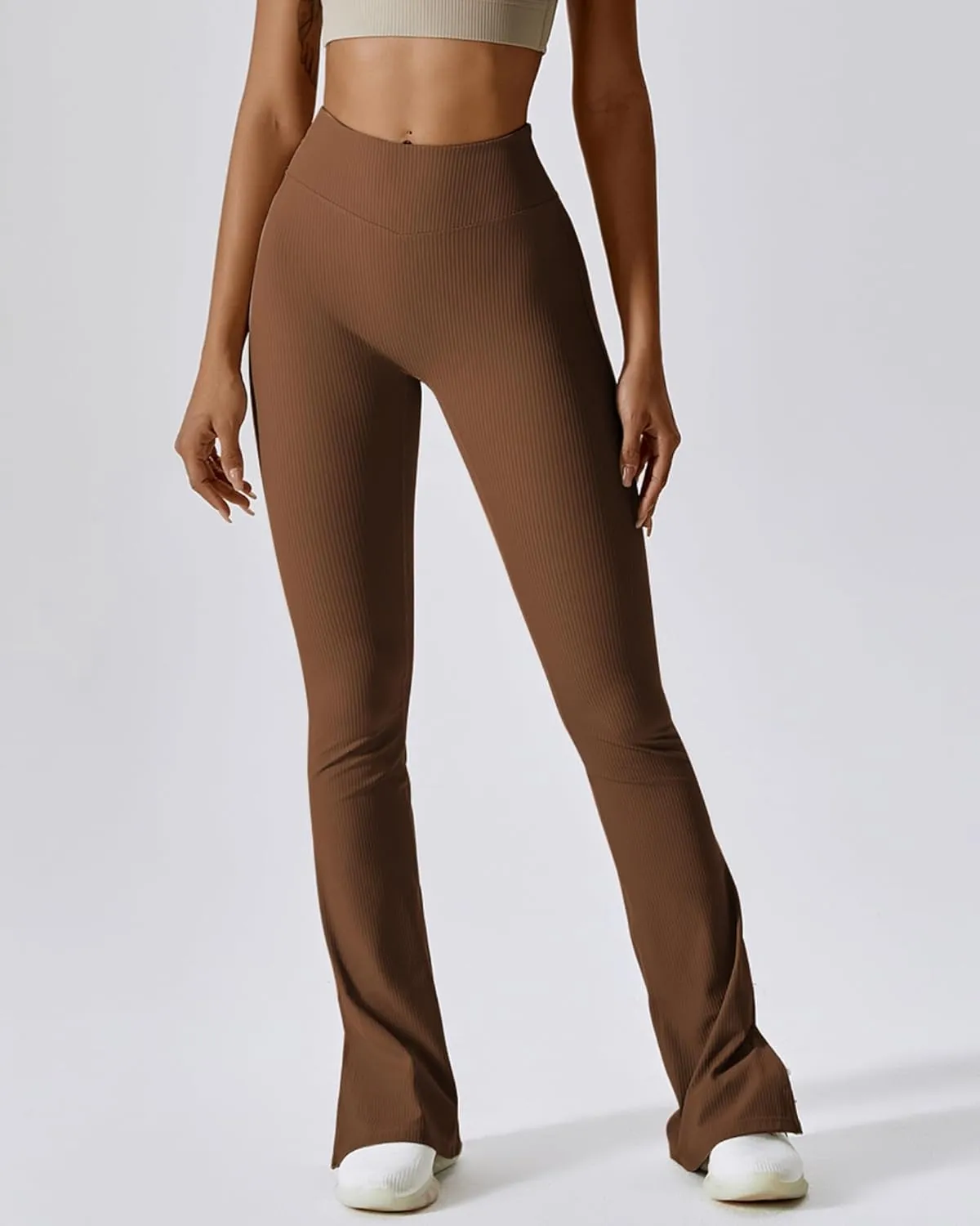 ABOCIW Women Ribbed Seamless Slit Hem Flared Leggings High Waist Bootcut Yoga Pants Tummy Control Workout Bootleg Pants