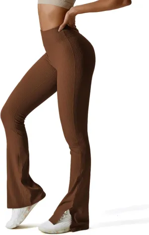 ABOCIW Women Ribbed Seamless Slit Hem Flared Leggings High Waist Bootcut Yoga Pants Tummy Control Workout Bootleg Pants