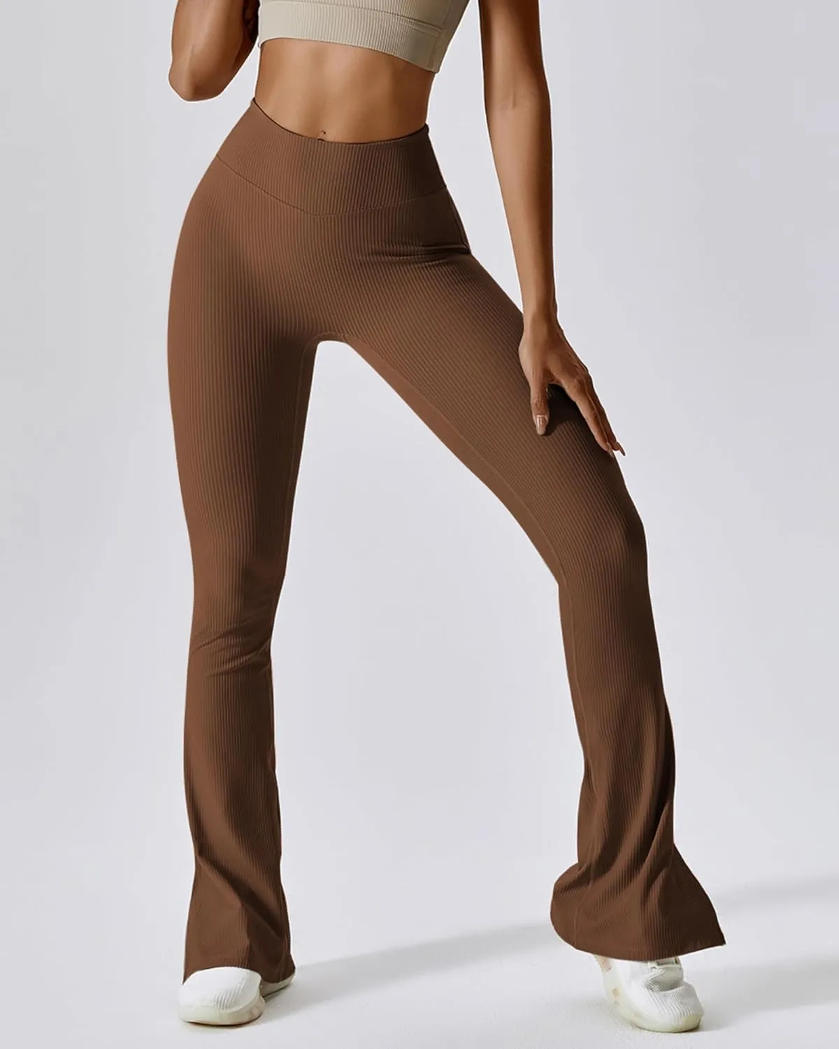 ABOCIW Women Ribbed Seamless Slit Hem Flared Leggings High Waist Bootcut Yoga Pants Tummy Control Workout Bootleg Pants