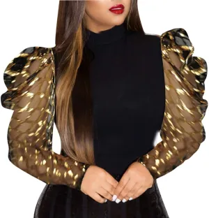 acelyn Women's Elegant Sequin Mesh Sheer Puff Long Sleeve Mock Neck Slim Fit Party Blouse Shirt Top