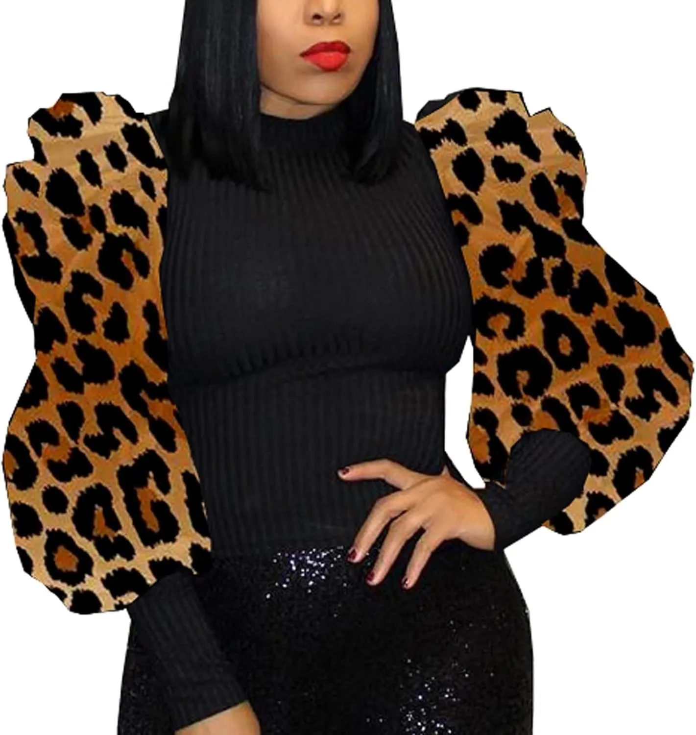 acelyn Women's Elegant Sequin Mesh Sheer Puff Long Sleeve Mock Neck Slim Fit Party Blouse Shirt Top