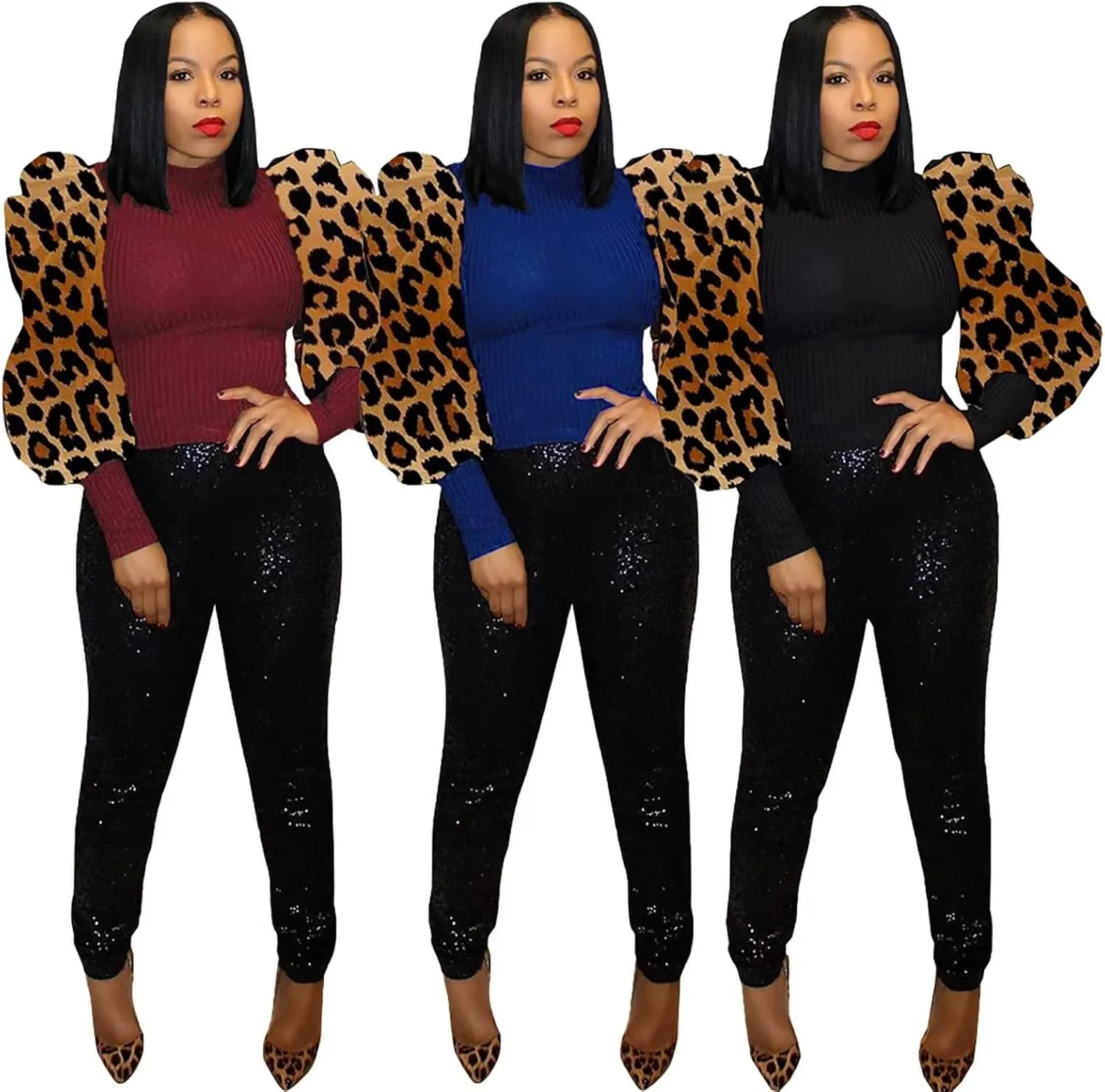 acelyn Women's Elegant Sequin Mesh Sheer Puff Long Sleeve Mock Neck Slim Fit Party Blouse Shirt Top