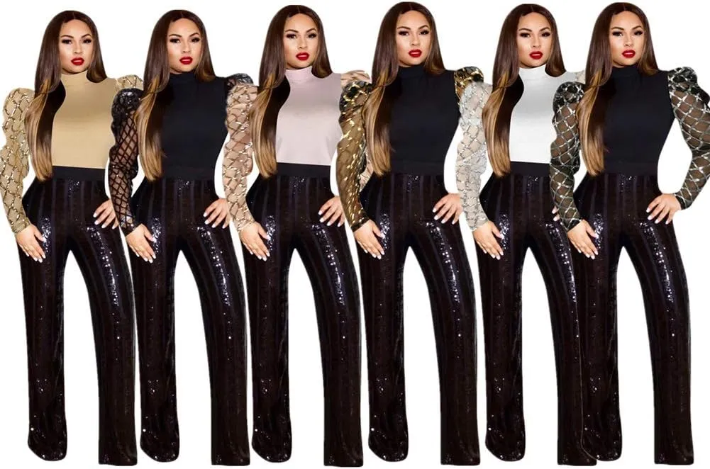 acelyn Women's Elegant Sequin Mesh Sheer Puff Long Sleeve Mock Neck Slim Fit Party Blouse Shirt Top