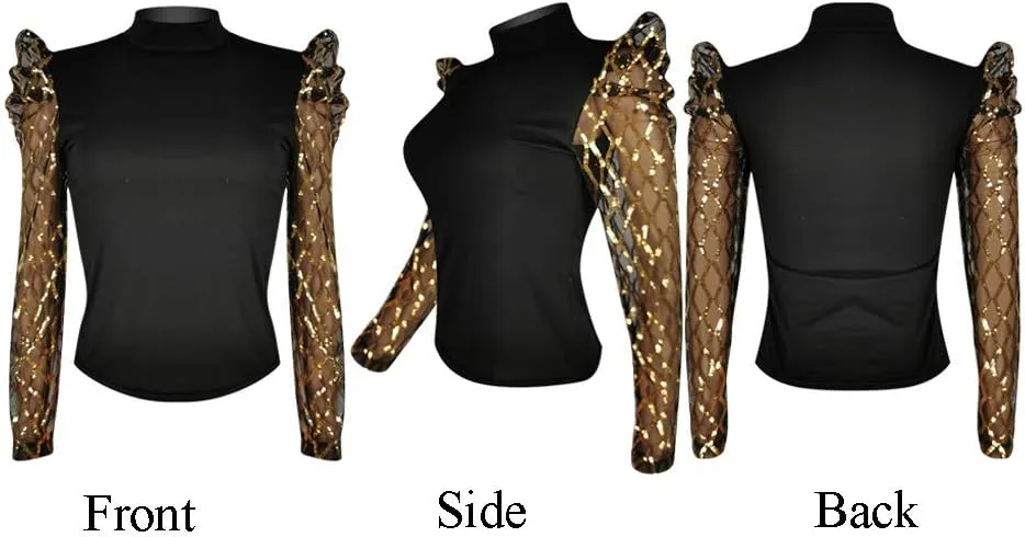 acelyn Women's Elegant Sequin Mesh Sheer Puff Long Sleeve Mock Neck Slim Fit Party Blouse Shirt Top