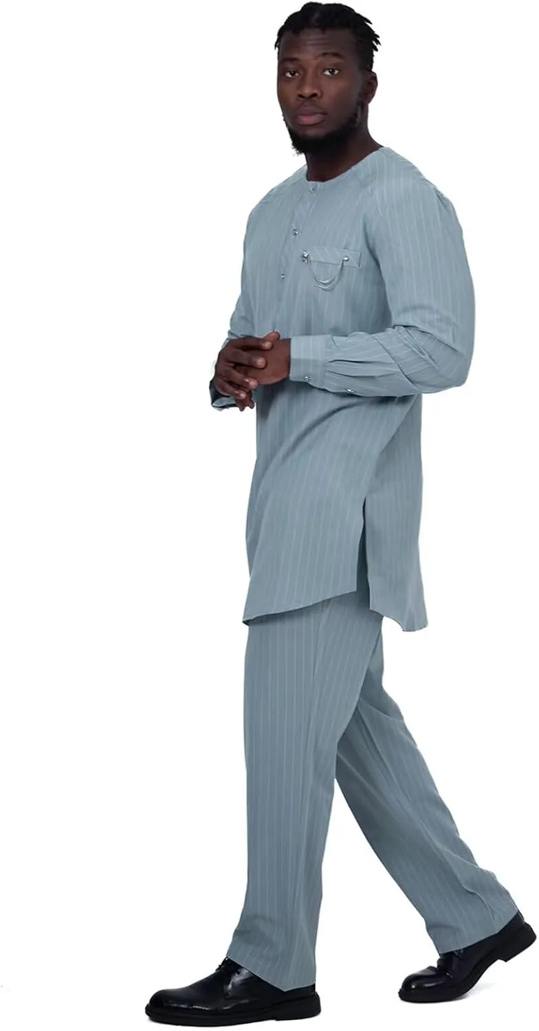 African Suit for Men Traditional Stripe Blazer and Pants 2 Piece Set Business Formal Dress Suit Party Wedding Evening