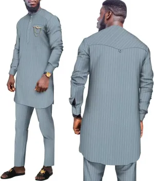 African Suit for Men Traditional Stripe Blazer and Pants 2 Piece Set Business Formal Dress Suit Party Wedding Evening