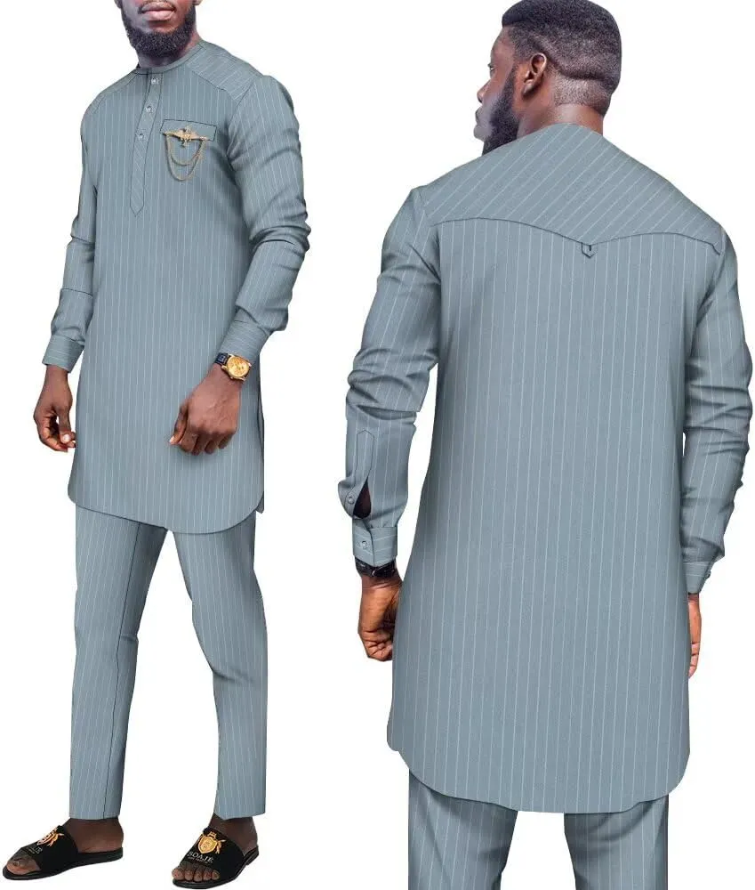 African Suit for Men Traditional Stripe Blazer and Pants 2 Piece Set Business Formal Dress Suit Party Wedding Evening