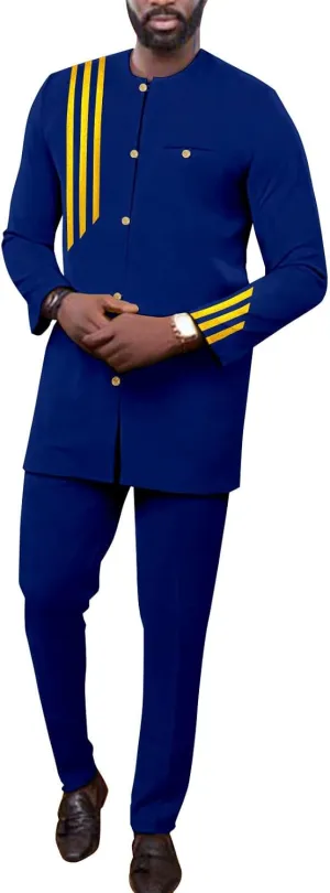 African Suits for Men Single Breasted Embroidery Jacket and Pants 2 Pieces Set Formal Outfits
