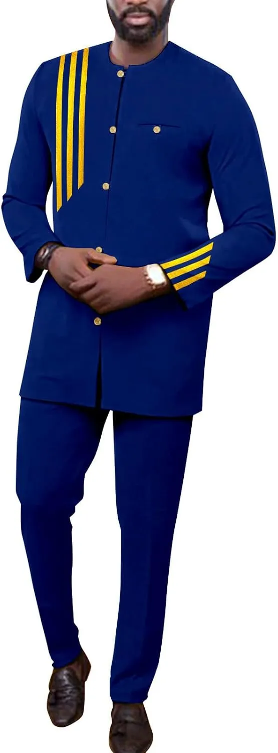 African Suits for Men Single Breasted Embroidery Jacket and Pants 2 Pieces Set Formal Outfits