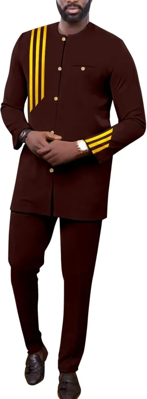 African Suits for Men Single Breasted Embroidery Jacket and Pants 2 Pieces Set Formal Outfits