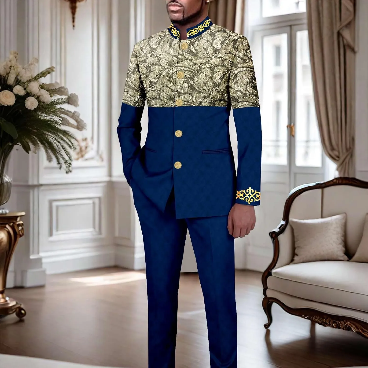 African Suits for Men Slim Fit Embroidery Single Breasted Printed Blazer and Pants Set Formal Outfits