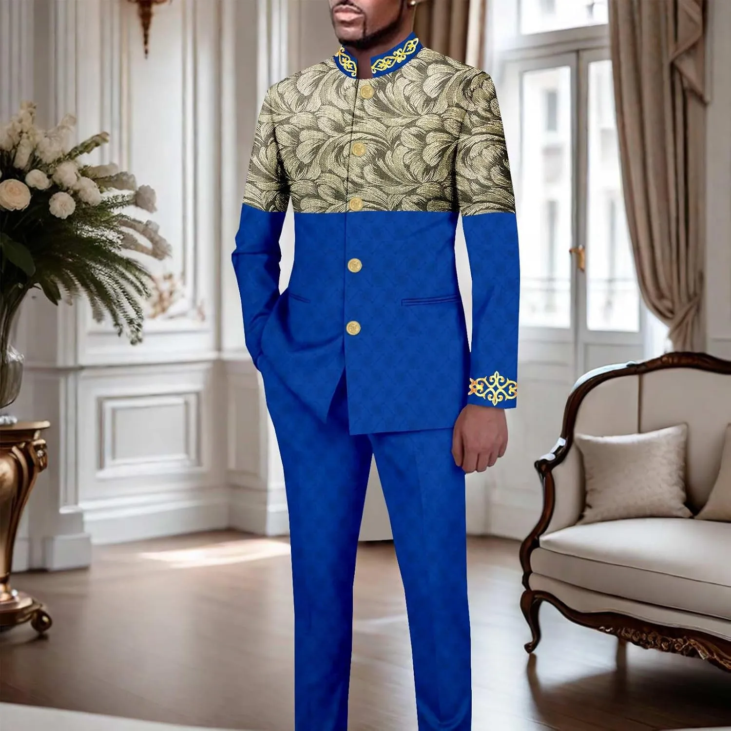 African Suits for Men Slim Fit Embroidery Single Breasted Printed Blazer and Pants Set Formal Outfits