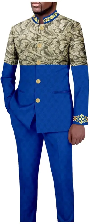 African Suits for Men Slim Fit Embroidery Single Breasted Printed Blazer and Pants Set Formal Outfits