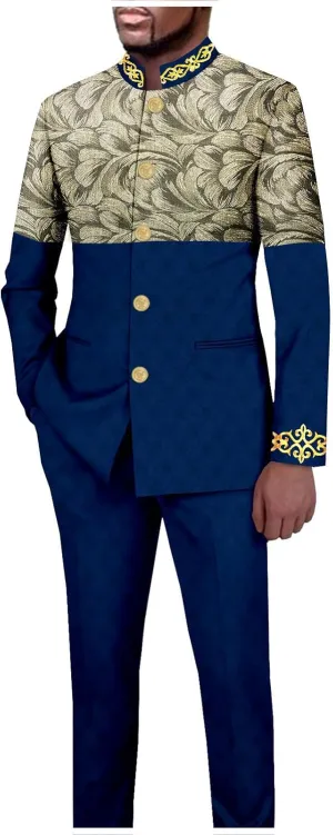 African Suits for Men Slim Fit Embroidery Single Breasted Printed Blazer and Pants Set Formal Outfits
