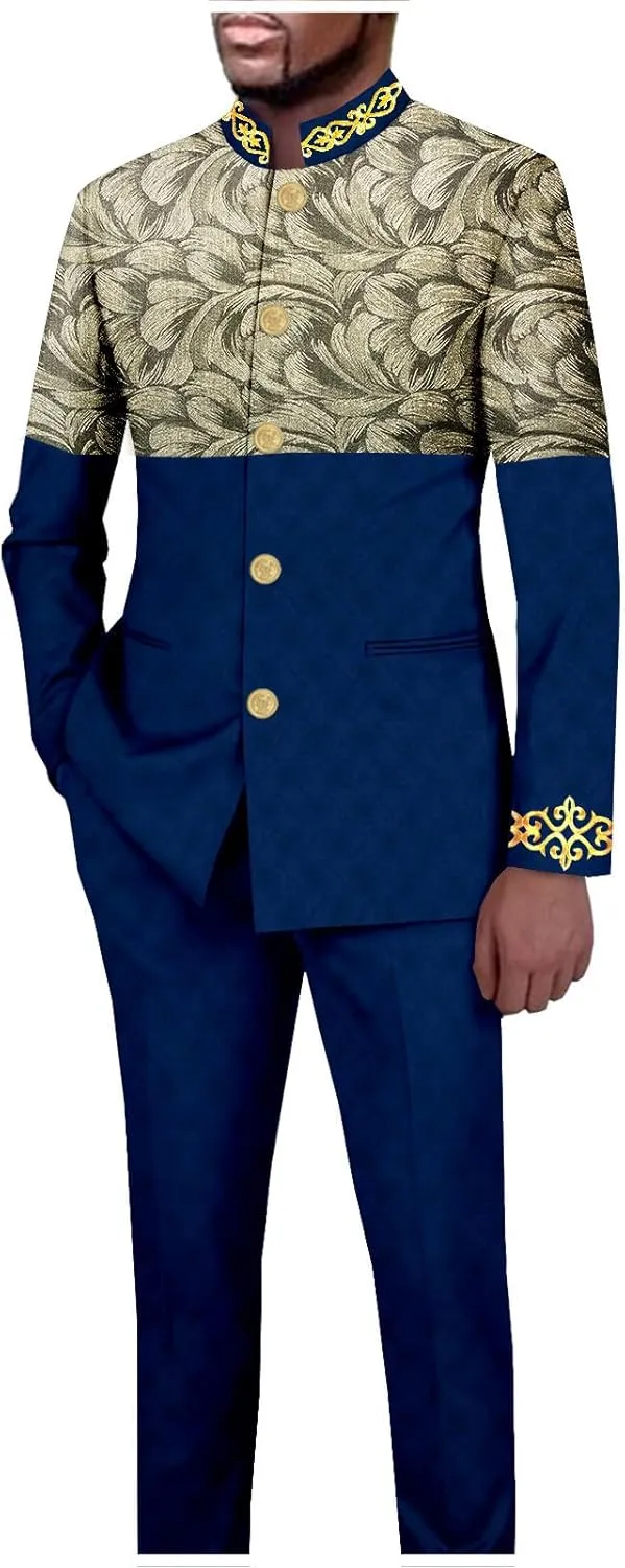 African Suits for Men Slim Fit Embroidery Single Breasted Printed Blazer and Pants Set Formal Outfits