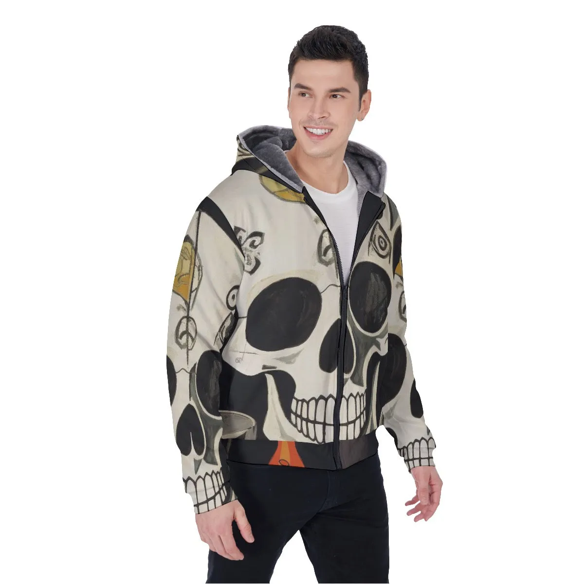 All-Over Print Men's Sherpa Fleece Zip Up Hoodie, black and white skull, print, #25RR