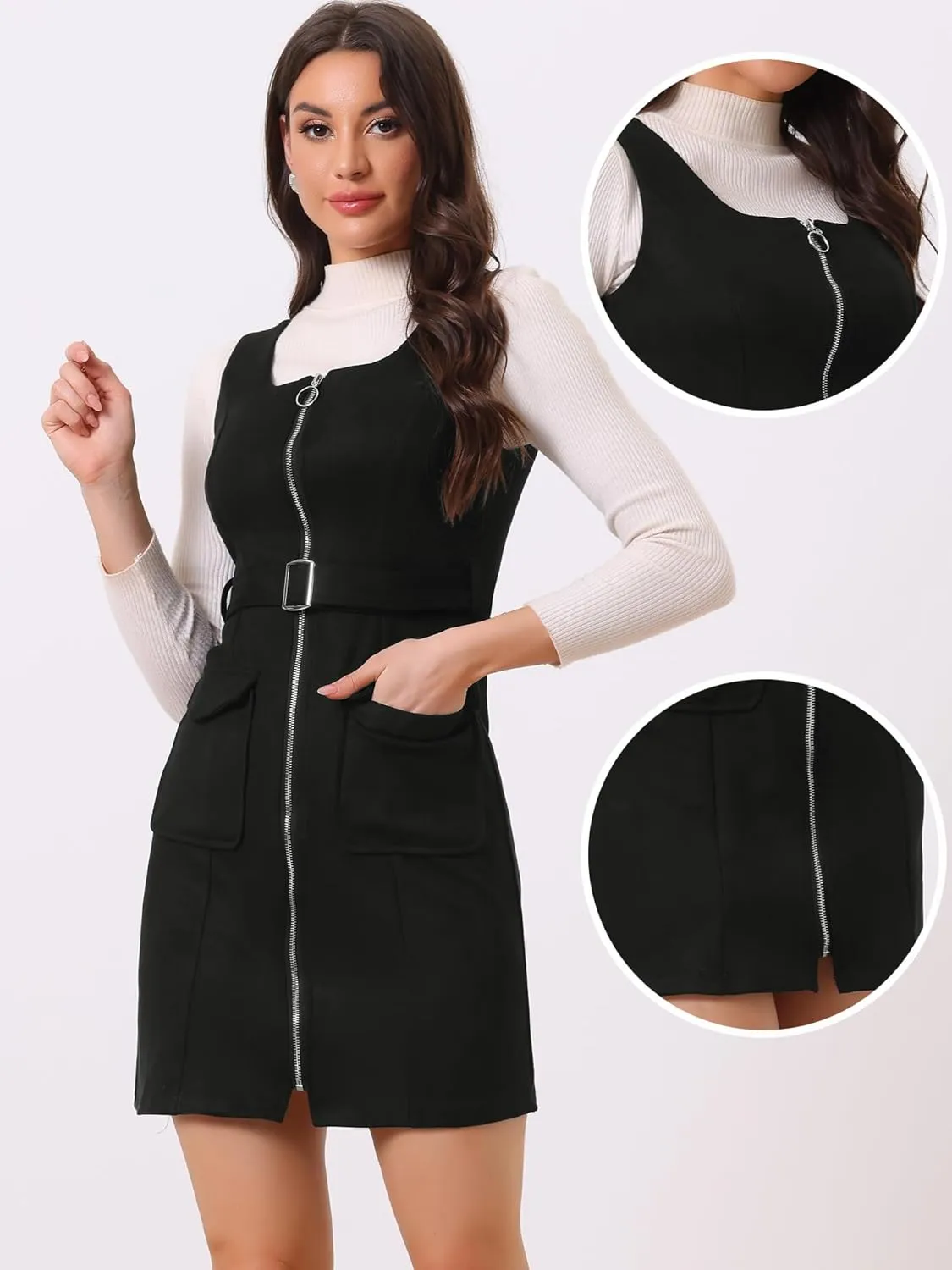 Allegra K Overall Dress for Women's Square Neck Zipper Front Belted Pinafore Faux Suede Mini Dresses