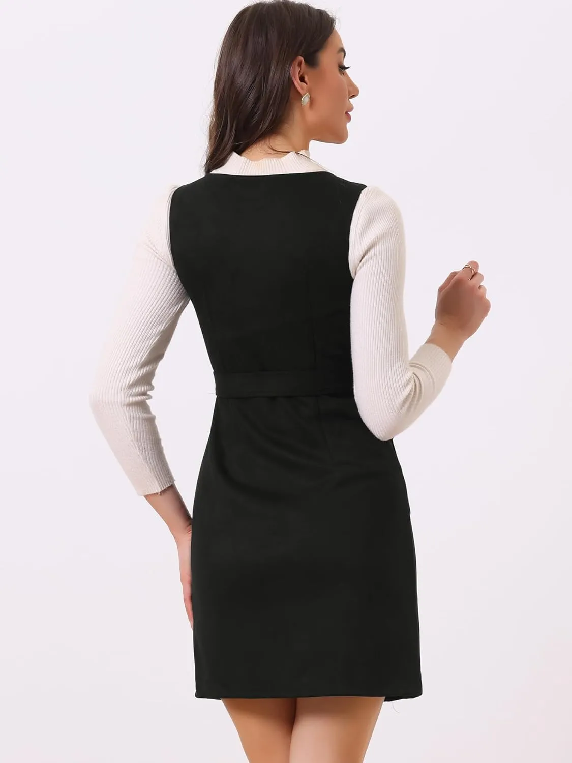 Allegra K Overall Dress for Women's Square Neck Zipper Front Belted Pinafore Faux Suede Mini Dresses