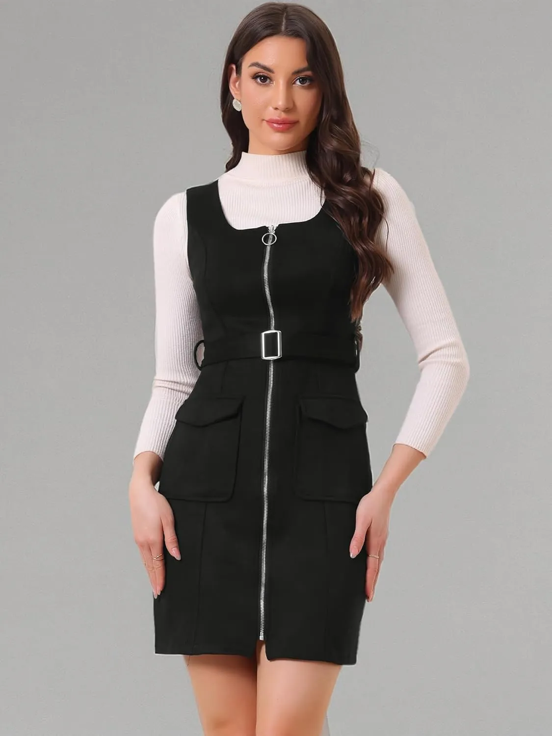 Allegra K Overall Dress for Women's Square Neck Zipper Front Belted Pinafore Faux Suede Mini Dresses