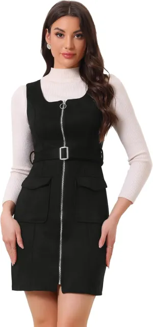 Allegra K Overall Dress for Women's Square Neck Zipper Front Belted Pinafore Faux Suede Mini Dresses
