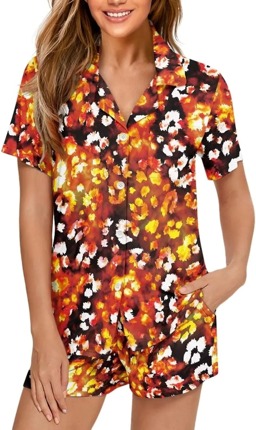 AmzPrint Women Short Pajama Set Black And White Cow Print Two Piece Pj Lounge Set Shirt And Pajamas Shorts Matching Sets
