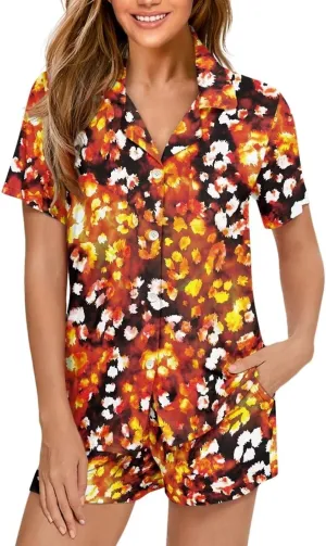 AmzPrint Women Short Pajama Set Black And White Cow Print Two Piece Pj Lounge Set Shirt And Pajamas Shorts Matching Sets
