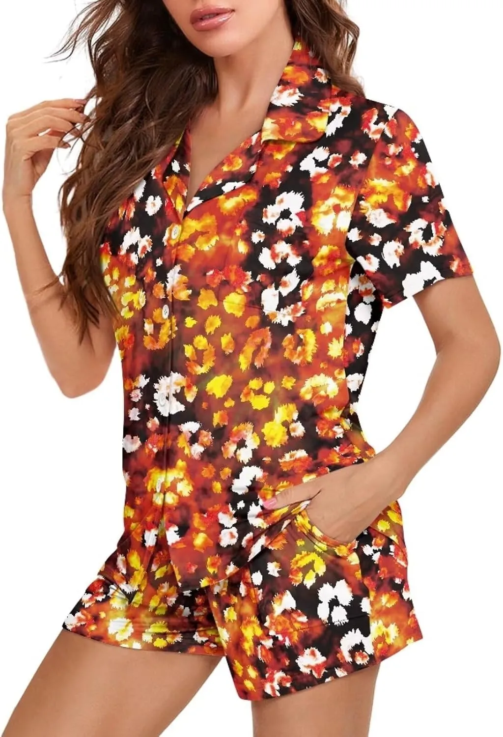 AmzPrint Women Short Pajama Set Black And White Cow Print Two Piece Pj Lounge Set Shirt And Pajamas Shorts Matching Sets