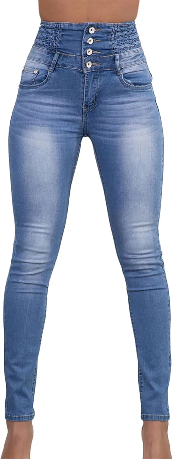 Andongnywell Flare Jeans Women High Rise Stretchy Skinny Jeans Butt Lifting Slim Fit Denim Pants Multiple Buttons Trouser