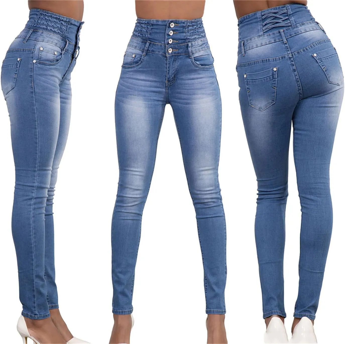Andongnywell Flare Jeans Women High Rise Stretchy Skinny Jeans Butt Lifting Slim Fit Denim Pants Multiple Buttons Trouser