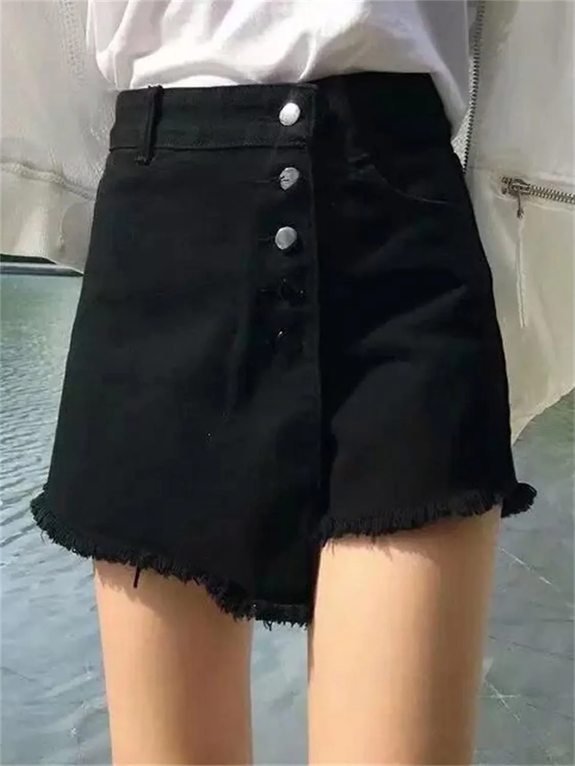 Andongnywell Women's High Waisted Button Front Denim Skort Asymmetrical Hem Skirt Shorts Adjustable Fork