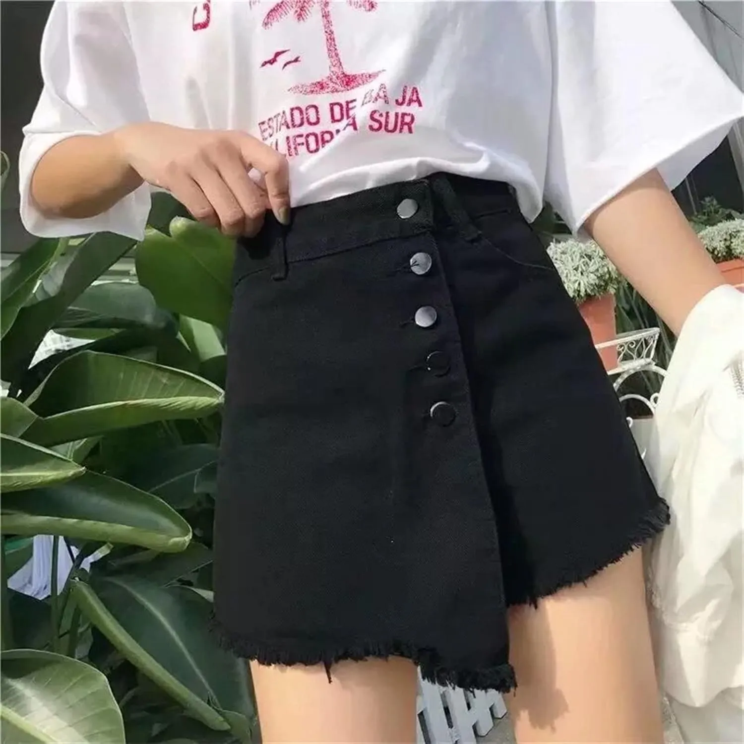 Andongnywell Women's High Waisted Button Front Denim Skort Asymmetrical Hem Skirt Shorts Adjustable Fork